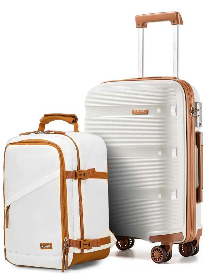 Stylish Kono 2-Piece Hard Shell Luggage Set in cream white featuring a TSA lock, 4 spinner wheels, and a versatile backpack for modern travelers