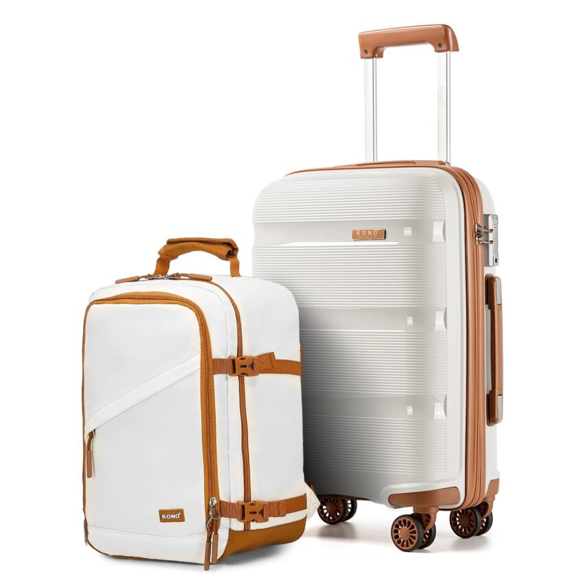 Stylish Kono 2-Piece Hard Shell Luggage Set in cream white featuring a TSA lock, 4 spinner wheels, and a versatile backpack for modern travelers