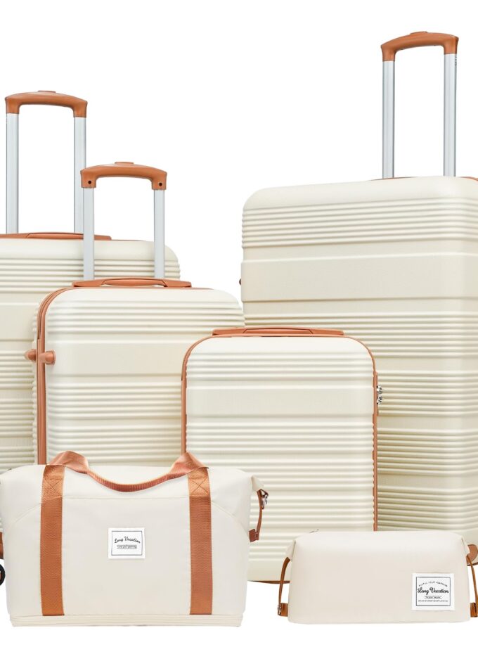 LONG VACATION 6-Piece ABS Hardshell Luggage Set in white and brown, featuring TSA locks, spinner wheels, and versatile bags for every type of travel