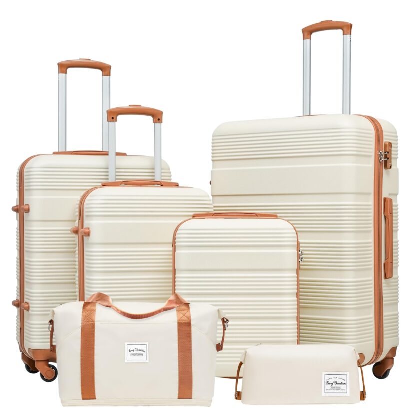 LONG VACATION 6-Piece ABS Hardshell Luggage Set in white and brown, featuring TSA locks, spinner wheels, and versatile bags for every type of travel