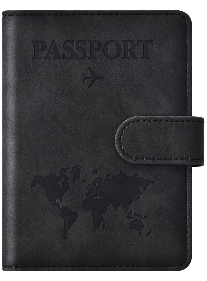 Eoehro Passport Holder for Travel Essentials in black, featuring RFID protection and a magnetic button closure for easy access