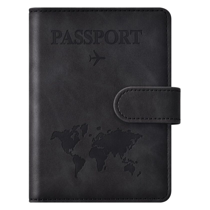 Eoehro Passport Holder for Travel Essentials in black, featuring RFID protection and a magnetic button closure for easy access