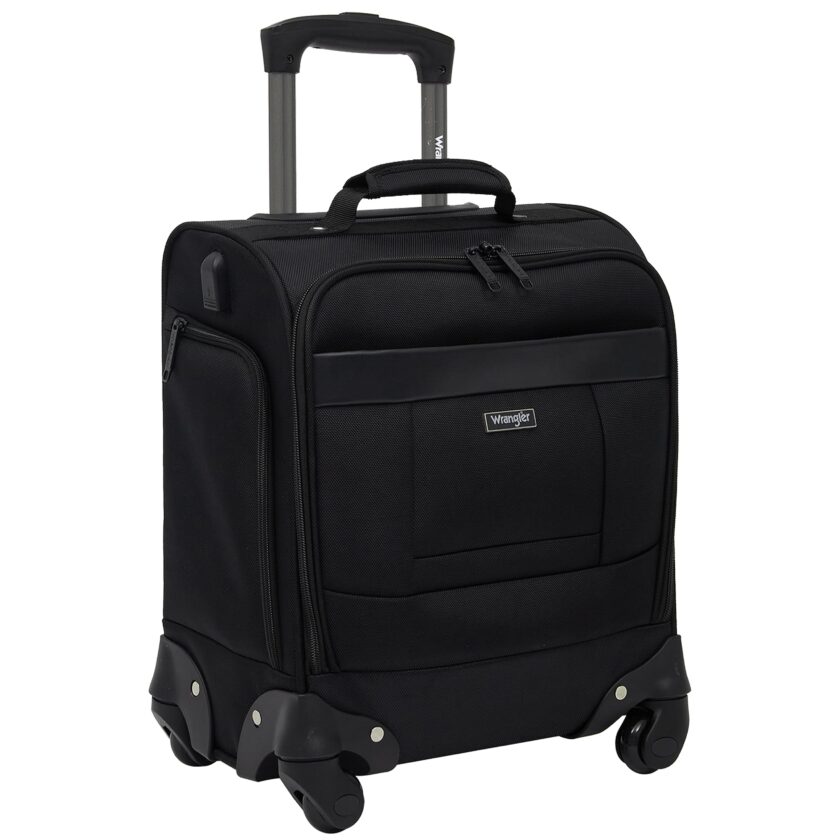 Wrangler 4-Wheel Spinner Luggage, black, 17-inch underseat carry-on featuring a side USB port