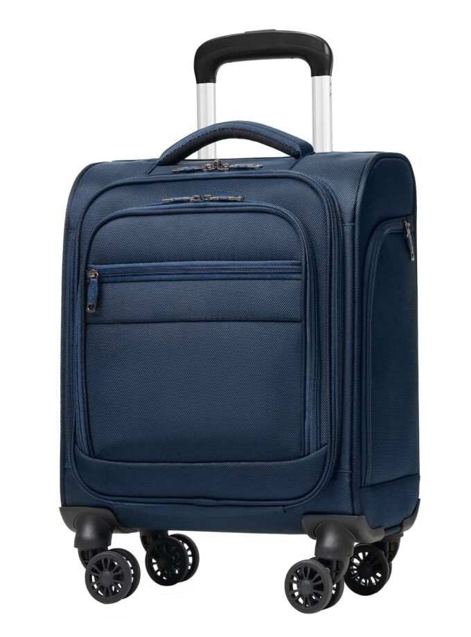 Coolife Underseat Carry-On Luggage in black, featuring four dual spinner wheels, a USB charging port, and multiple organizational pockets for travel convenience