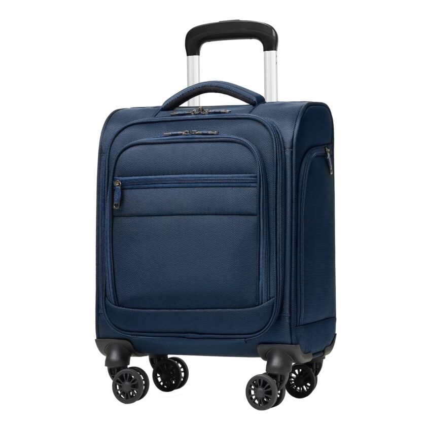 Coolife Underseat Carry-On Luggage in black, featuring four dual spinner wheels, a USB charging port, and multiple organizational pockets for travel convenience