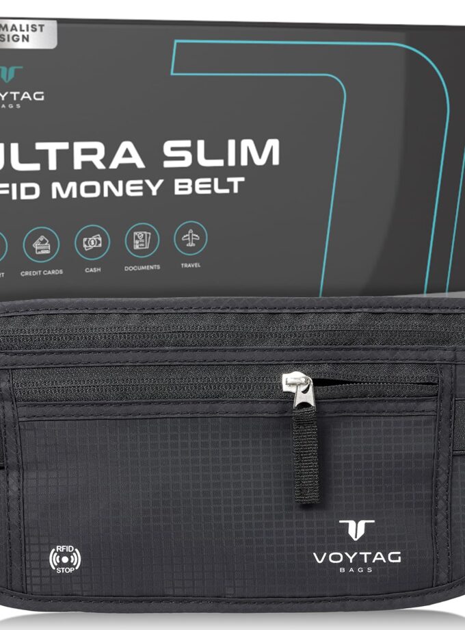 Travel Money Belt and Passport Holder with RFID blocking technology and multiple compartments for secure travel