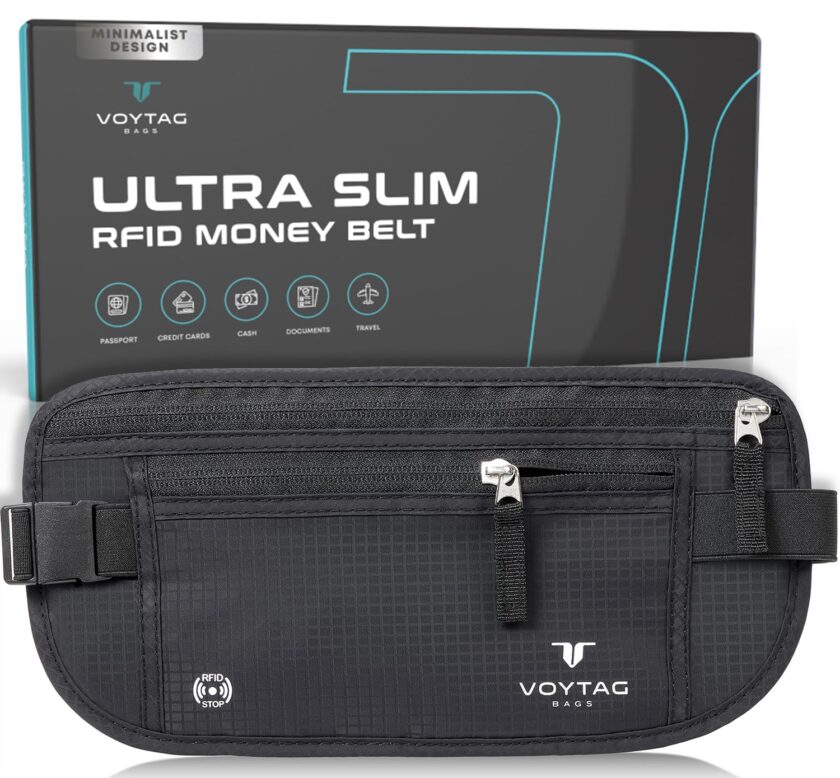 Travel Money Belt and Passport Holder with RFID blocking technology and multiple compartments for secure travel