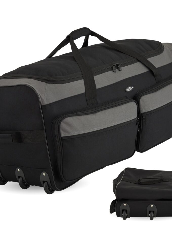 Travelers Club Space Saver 36-Inch Rolling Duffel Bag with Expandable Capacity and 3-Wheel System, Black/Grey