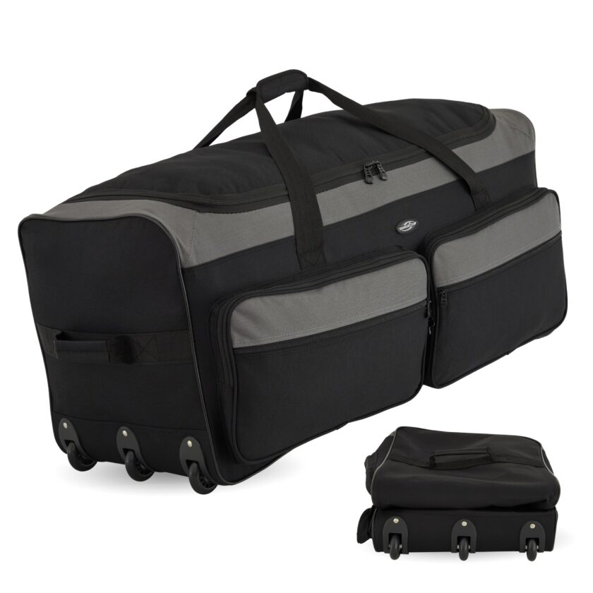 Travelers Club Space Saver 36-Inch Rolling Duffel Bag with Expandable Capacity and 3-Wheel System, Black/Grey