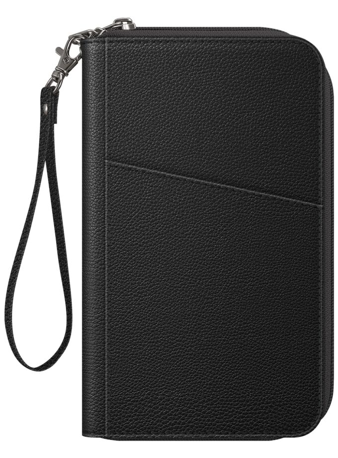 A sleek and spacious family passport holder made from vegan leather, featuring multiple compartments and an RFID-blocking layer