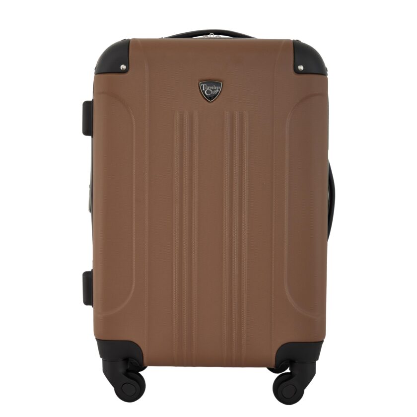 Travelers Club Chicago 20" Hardside Expandable Spinner Luggage in rum caramel color, featuring durable ABS construction