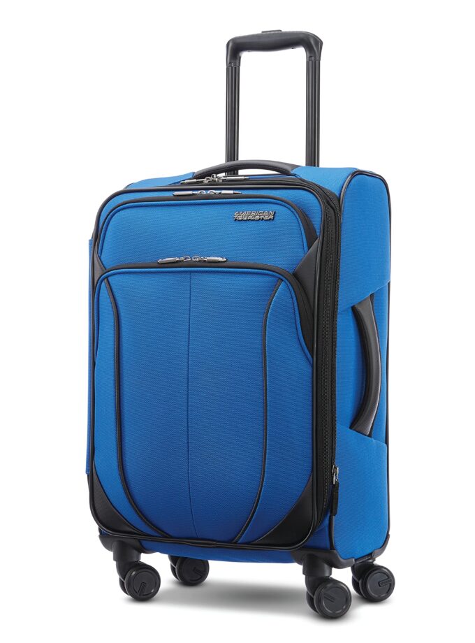 AMERICAN TOURISTER 4 KIX 2.0 Softside Expandable Luggage in classic blue, featuring a lightweight design and durable construction with spinner wheels